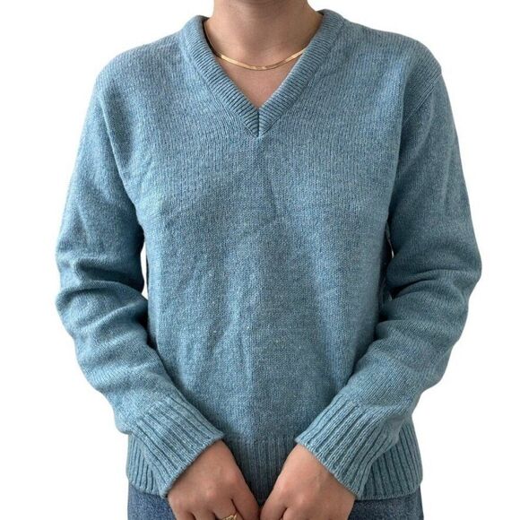 Vintage 1970s Unisex Light Bue Robert Bruce Wool V Neck Sweater Sz M Made USA - Picture 8 of 8
